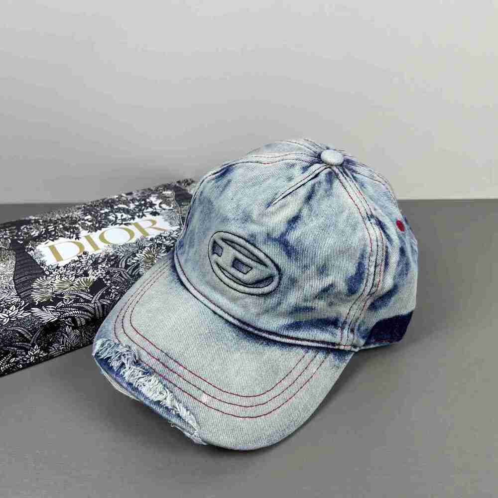 Diesel Washed Denim Tie Dye Oval D Logo Distressed Baseball Cap